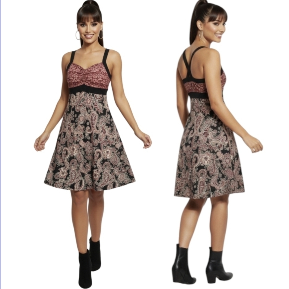 Paisley Dress Medium Twirl Cross Back Built In Bra Bohemian Hippie